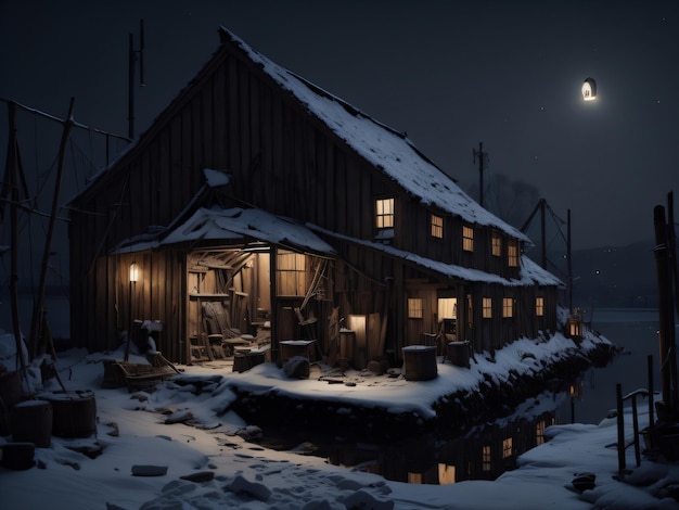 Uma cena de neve de uma casa com uma luz no telhado