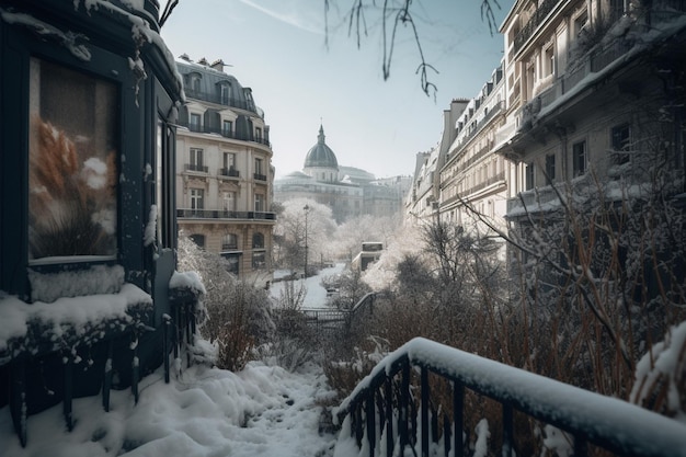 Uma cena de neve em paris com uma rua com neve e um prédio ao fundo