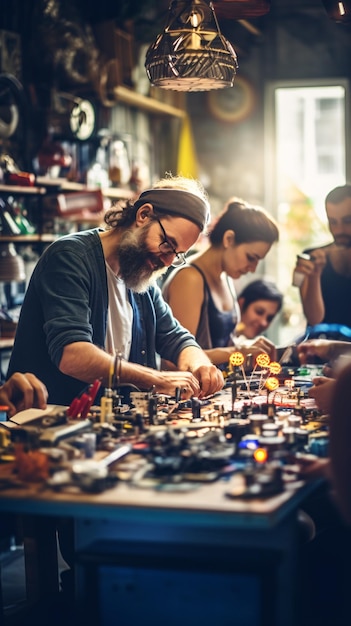 Uma cena de oficina vibrante que abraça o espírito DIY e o artesanato de fabricantes e entusiastas