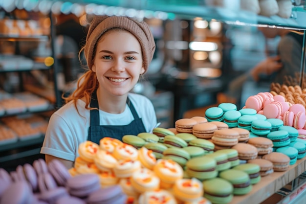 Uma cena de padaria brilhante, uma mulher com um sorriso agradável atrás de pilhas de macarrões doces.