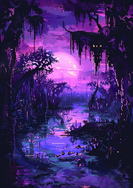 uma cena de pântano brilhantemente iluminada com uma lua cheia no fundo