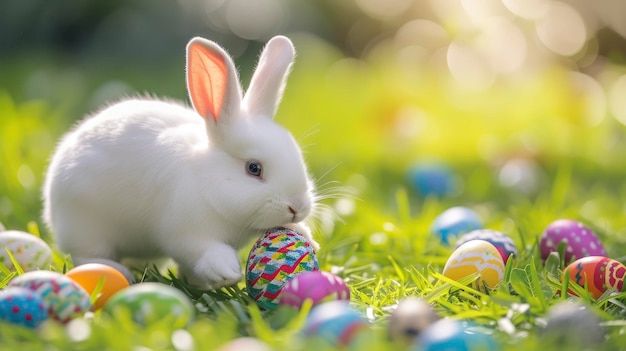 Uma cena de Páscoa caprichosa Um coelho branco engraçado trazendo um ovo de Páscua contra um fundo de cores