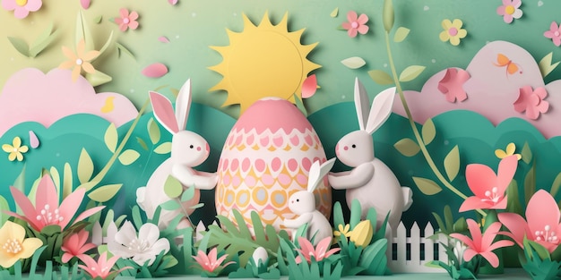 Uma cena de Páscoa cortada em papel com um coelho ovo de Páscua, sol e flores.