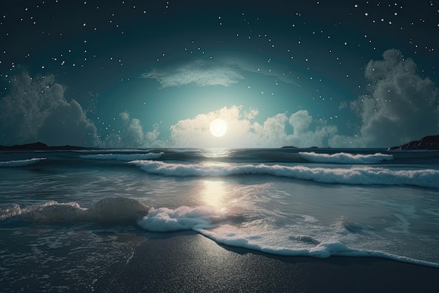 Uma cena de praia com a lua e as estrelas