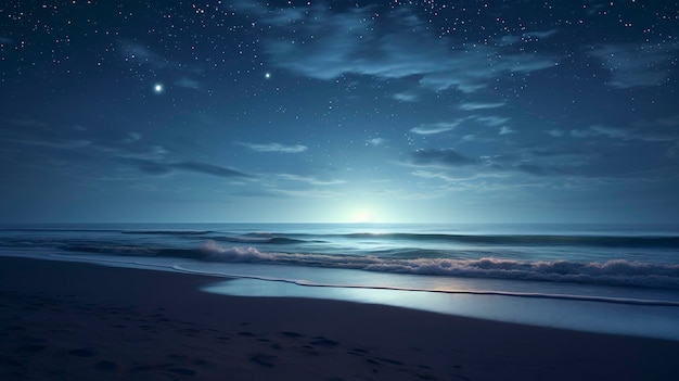 uma cena de praia com a lua e o oceano ao fundo