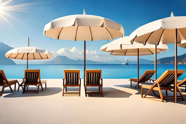 Uma cena de praia com cadeiras e guarda-chuvas com o oceano ao fundo.