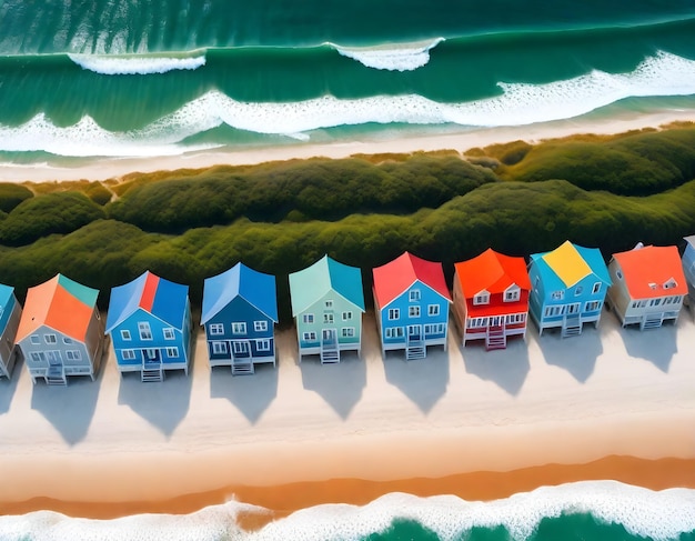 uma cena de praia com casas na praia e o oceano ao fundo