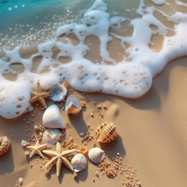 Uma cena de praia com conchas e água azul.