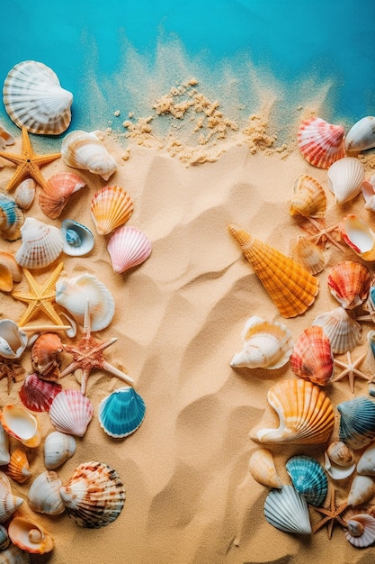 Uma cena de praia com conchas e estrelas do mar