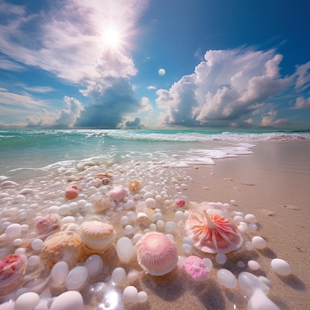 Uma cena de praia com conchas e o sol brilhando por entre as nuvens.