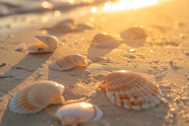 Uma cena de praia com conchas espalhadas pela areia