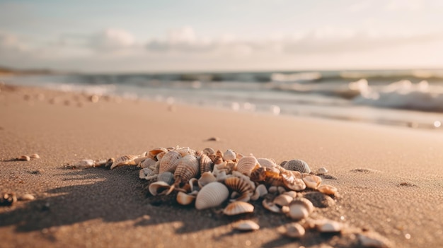 Uma cena de praia com conchas na areia