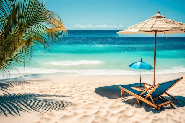 uma cena de praia com duas cadeiras e um guarda-chuva que diz a praia