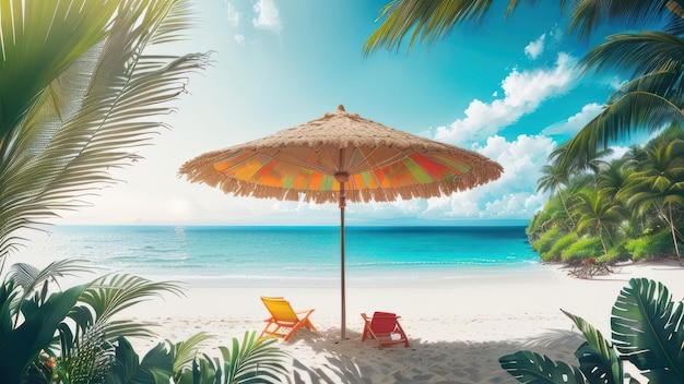 Uma cena de praia com duas cadeiras e um guarda-sol.