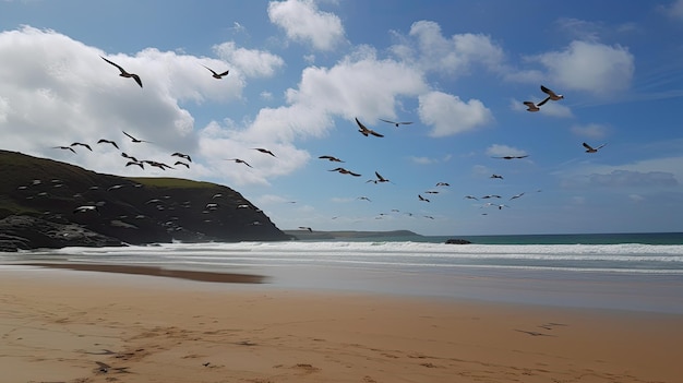 Foto uma cena de praia com gaivotas voando sobre a cabeça ai generativa