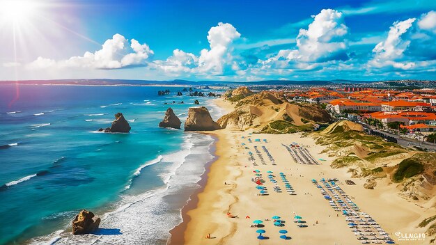 Foto uma cena de praia com o oceano e a praia ao fundo