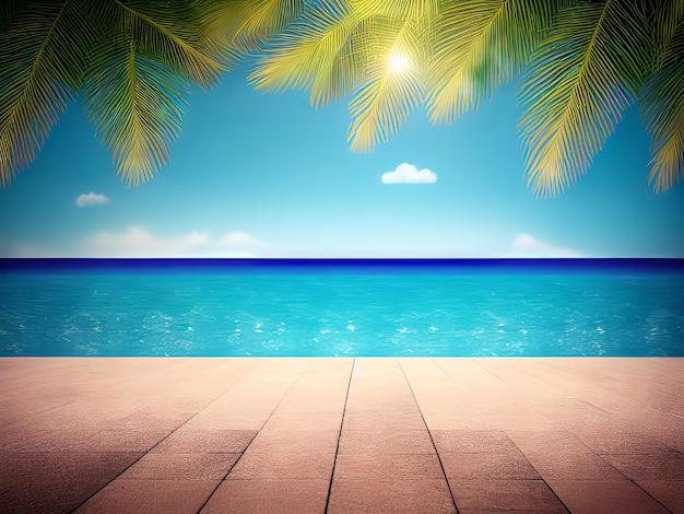Uma cena de praia com palmeiras e o céu ao fundo