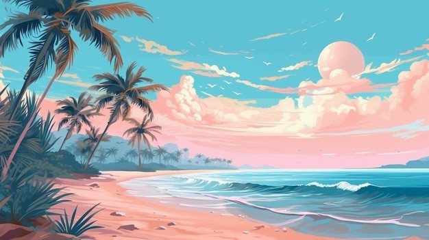 Uma cena de praia com palmeiras e o céu com nuvens
