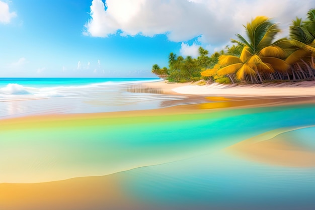 Uma cena de praia com palmeiras e o mar ao fundo.
