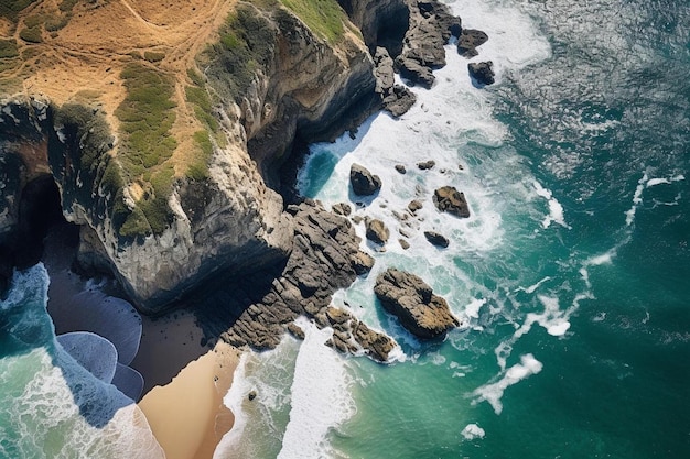 uma cena de praia com rochas e uma praia ao fundo.