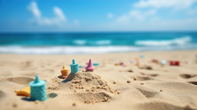 uma cena de praia com um castelo de areia e brinquedos na areia