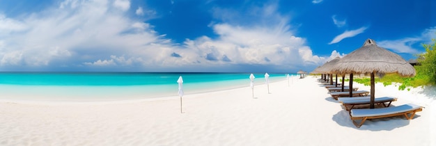 Uma cena de praia com um céu azul e areia branca