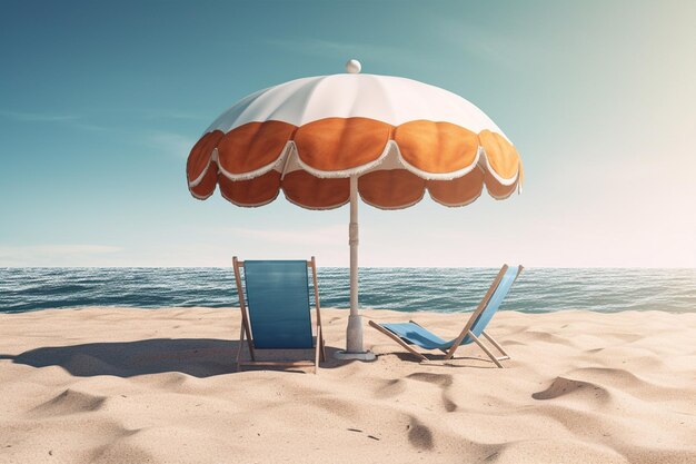 Uma cena de praia com um guarda-sol e duas cadeiras de praia.