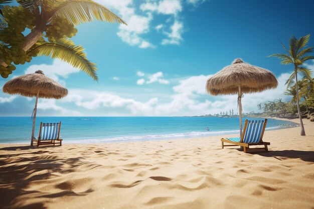 Uma cena de praia com um guarda-sol e duas espreguiçadeiras com um céu azul ao fundo