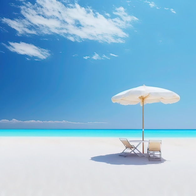 Uma cena de praia com um guarda-sol e um guarda-chuva branco.