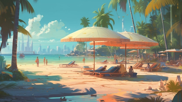 Uma cena de praia com um guarda-sol e uma cidade ao fundo.