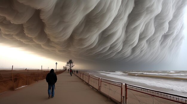 Foto uma cena de praia com um homem caminhando na areia e um sinal que diz o oceano