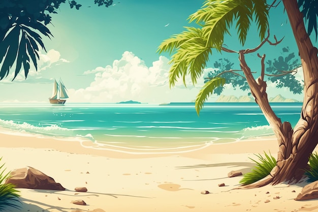 Uma cena de praia com um navio no horizonte