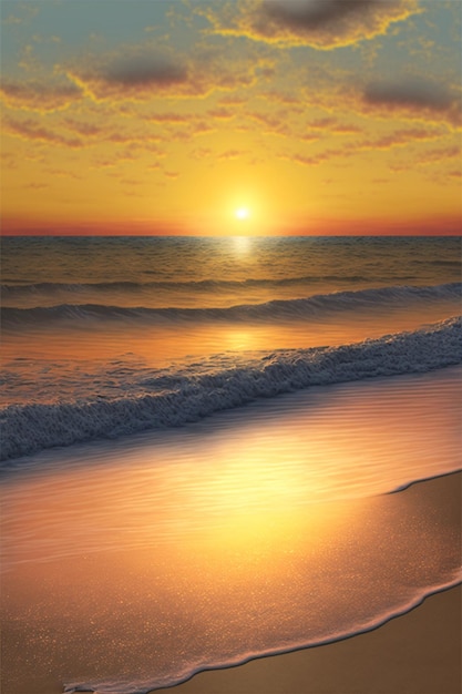 Uma cena de praia com um pôr do sol e o sol brilhando por entre as nuvens.