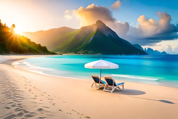 Uma cena de praia com um pôr-do-sol e um guarda-chuva de praia.