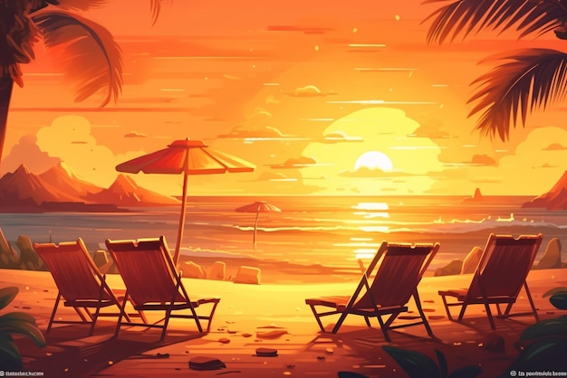 Uma cena de praia com um pôr do sol e uma cadeira de praia.