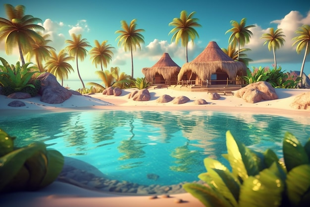 Uma cena de praia com uma cabana e palmeiras.