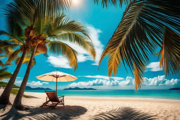 uma cena de praia com uma cadeira de praia e guarda-chuva com a lua no fundo