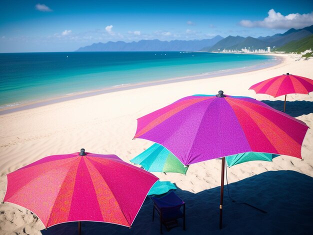 Uma cena de praia com uma cadeira de praia e guarda-sóis.