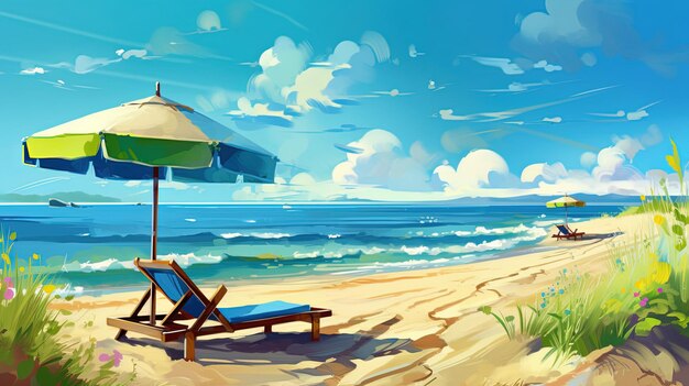 Uma cena de praia com uma cadeira de praia e um guarda-chuva.