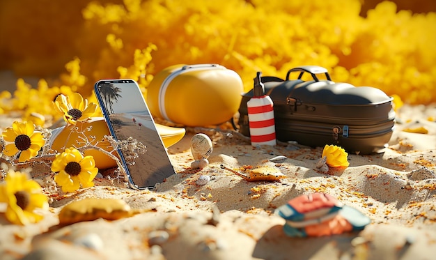 uma cena de praia com uma garrafa e um salva-vidas na areia