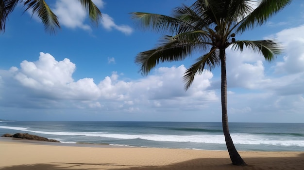 Uma cena de praia com uma palmeira e o oceano ao fundo