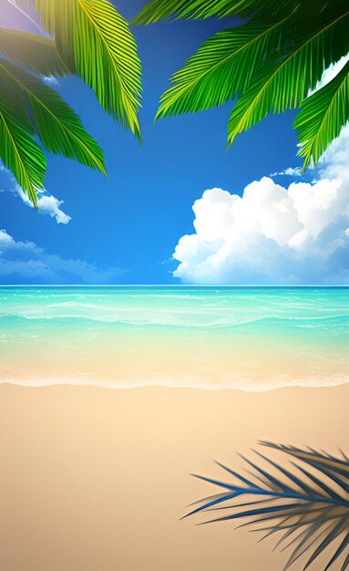 Uma cena de praia com uma palmeira e um céu azul