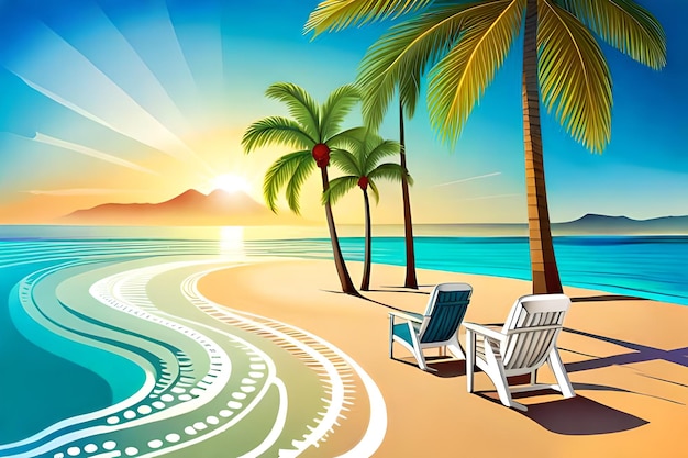 Uma cena de praia com uma palmeira e uma cadeira de praia.