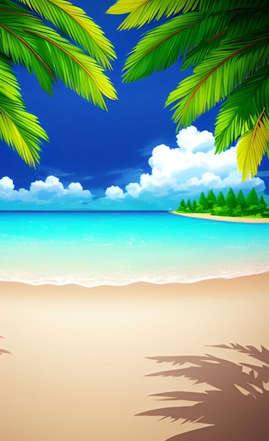 Uma cena de praia com uma praia e palmeiras