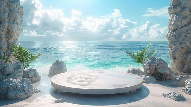 Foto uma cena de praia com uma prancha de surf na areia e uma onda no fundo