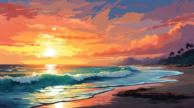 Uma cena de praia serena com um pôr do sol vibrante