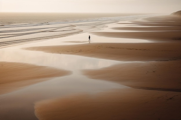 Uma cena de praia serena com uma figura solitária caminhando ao longo da costa saúde mental