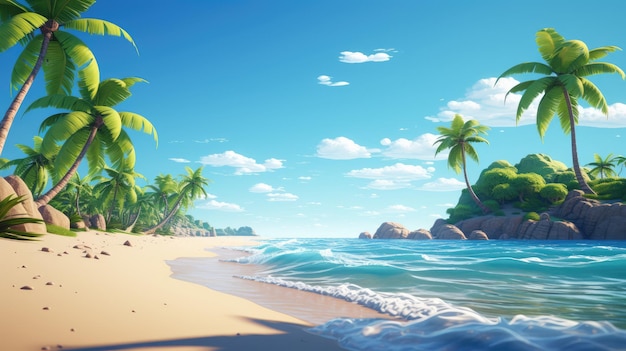 Uma cena de praia simples e limpa com algumas palmeiras