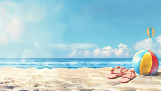 Foto uma cena de praia tranquila exibindo um par vibrante de chinelos ao lado de uma bola de praia colorida evocando uma sensação de relaxamento e diversão no sol de verão