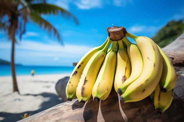 Uma cena de praia tropical com bananas em primeiro plano